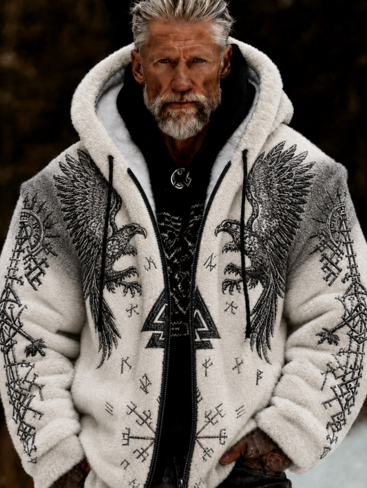 Herrlig viking- och keltiskt inspirerad plyschjacka med dragkedja och huva, mysig och varm