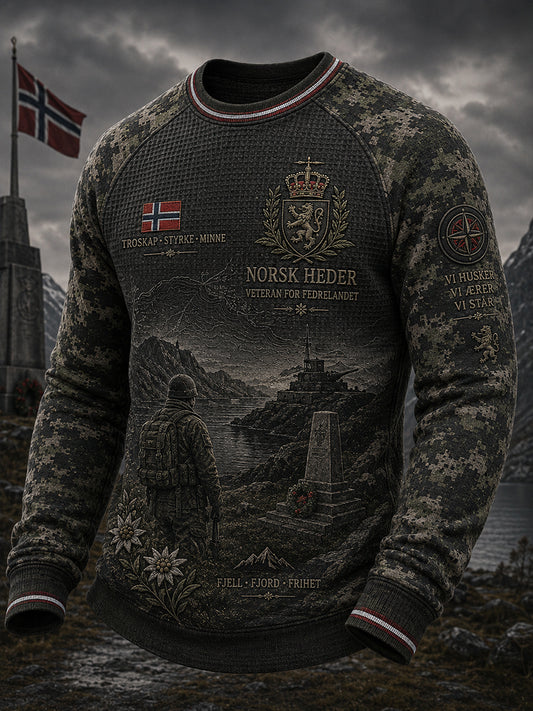 Menns Vintage Militær-Inspirert Camo-Print Vaffel-Tnitt Raglan langærme øverst