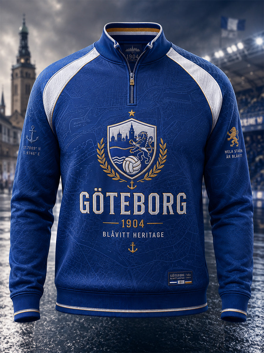 Herrdräkt i retrostil från IFK Göteborg – svensk fotbollsälskare – hoodie med dragkedja