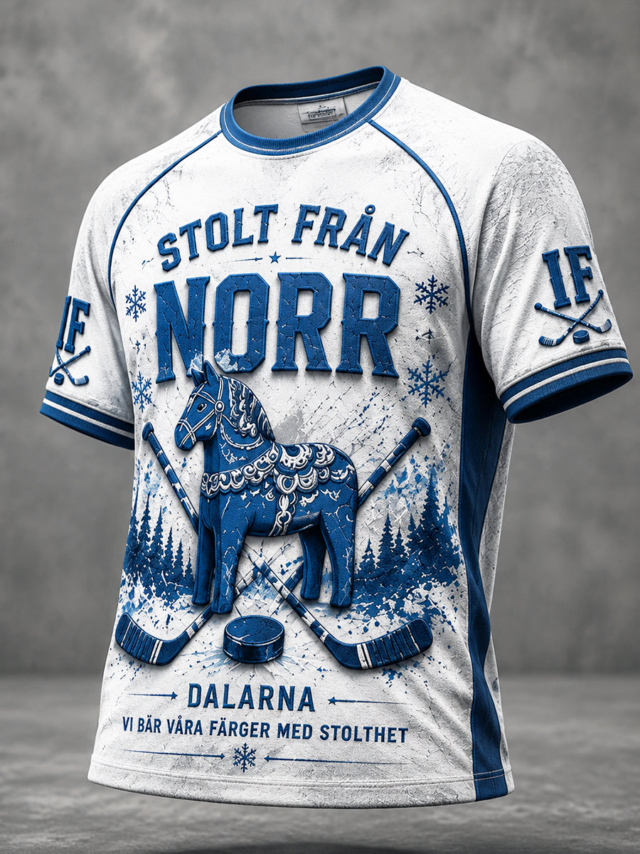 Herrliggande, avslappnad t-shirt i svensk ishockey med tryck från Leksands IF