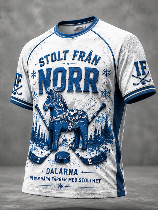 Herrliggande, avslappnad t-shirt i svensk ishockey med tryck från Leksands IF