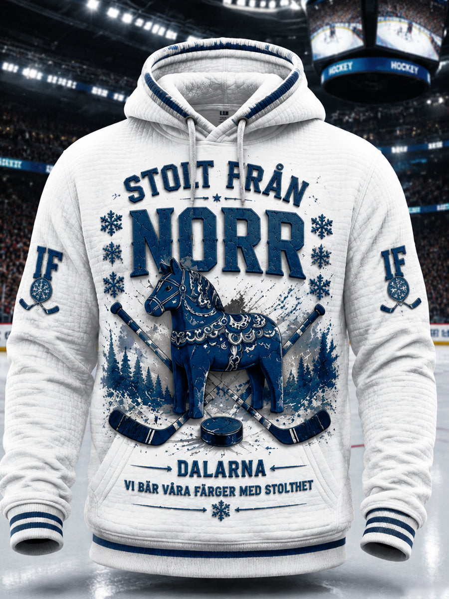 Vit, avslappnad huvtröja för män i svensk ishockey med tryck från Leksands IF