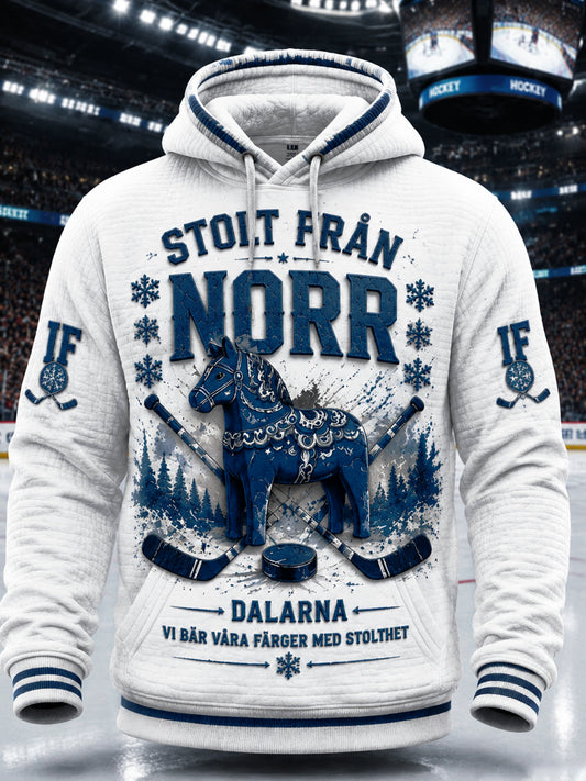 Vit, avslappnad huvtröja för män i svensk ishockey med tryck från Leksands IF