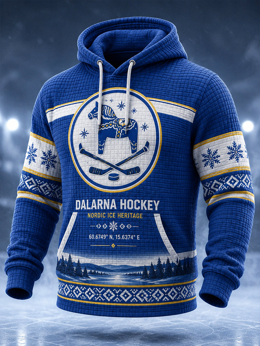 Herrliggande, överdimensionerad huvtröja i svensk ishockeystil med fickor för Leksands IF-fans och -älskare