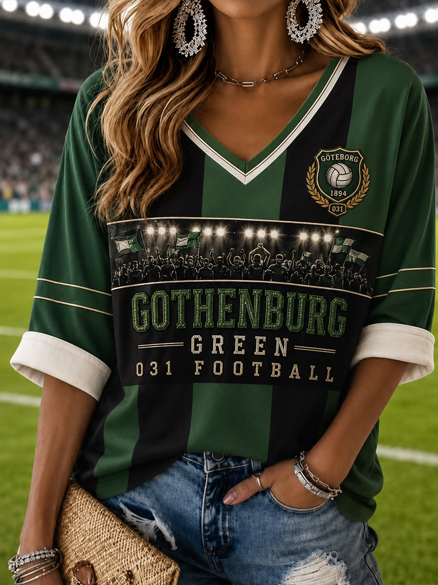 Kvinnorssvensk fotboll GAIS fans älskare Broderimönster Lin V-näck skjorta