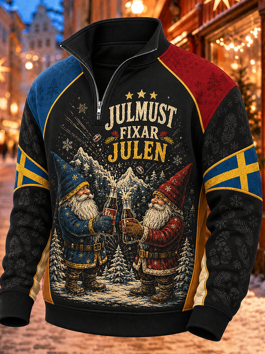 Svensk jultryckt casual sweatshirt med dragkedja för män