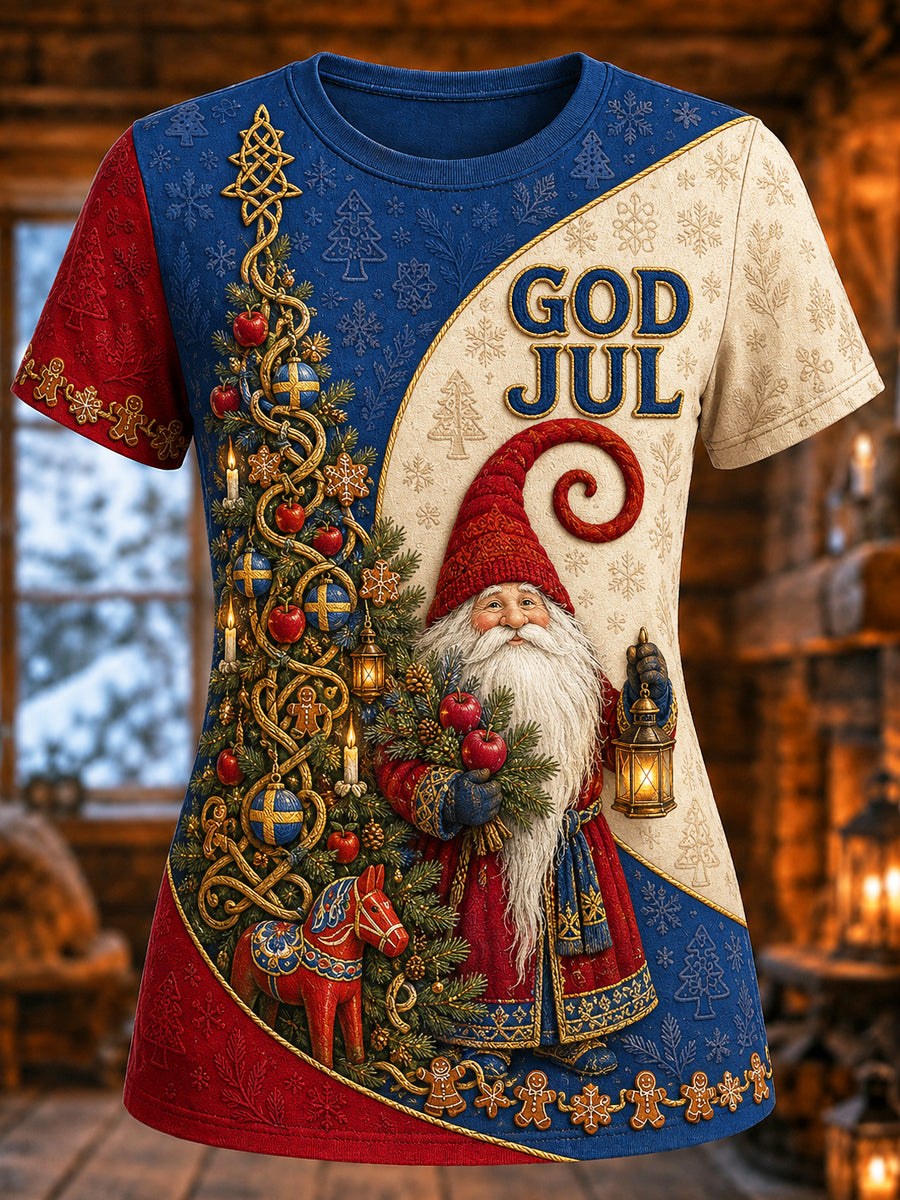Damernas svenska jultryckta vintage-mode lös t-shirt med kort ärm
