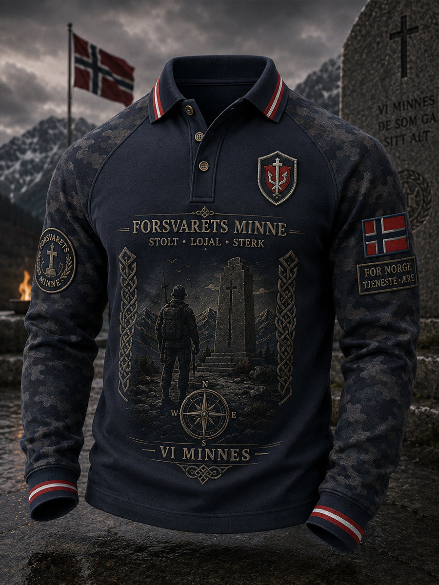 Menns vintage militærstil camo- og minnetrykk langtrekket raglanpoloskjorte