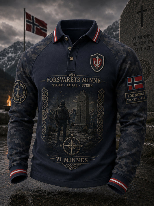 Menns vintage militærstil camo- og minnetrykk langtrekket raglanpoloskjorte