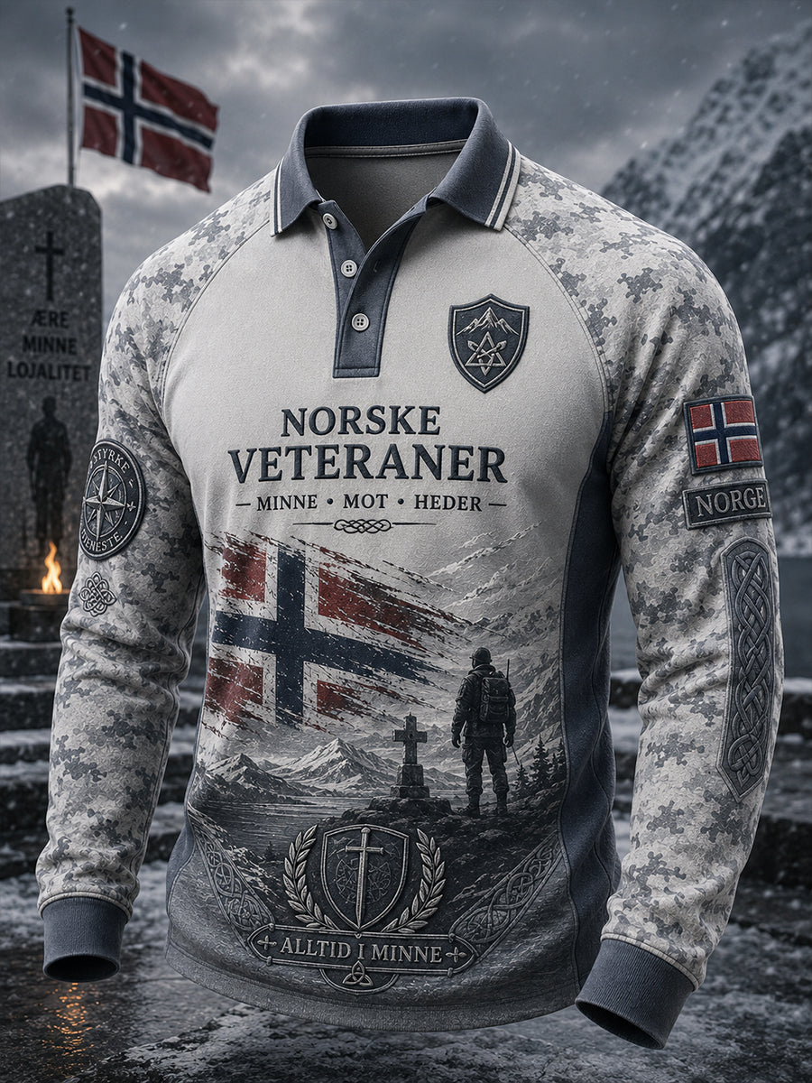 Menns Vintage Militær-stil Camo og minnestrykk langærme Raglan Polo skjortri