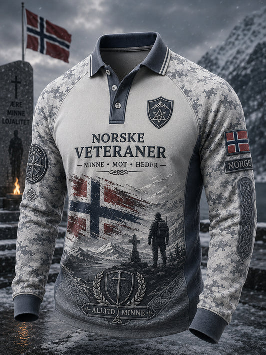 Menns Vintage Militær-stil Camo og minnestrykk langærme Raglan Polo skjortri