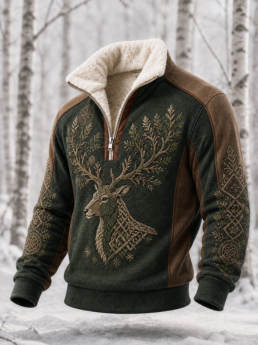 Retro nordiskt stilart djurkonsttryck avslappnad sweatshirt med dragkedja