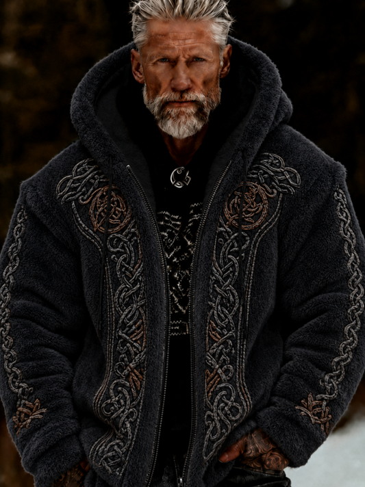 Herrlig viking- och keltiskt inspirerad plyschjacka med dragkedja och huva, mysig och varm