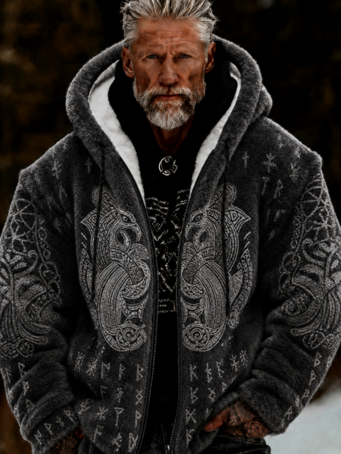 Herrlig viking- och keltiskt inspirerad plyschjacka med dragkedja och huva, mysig och varm