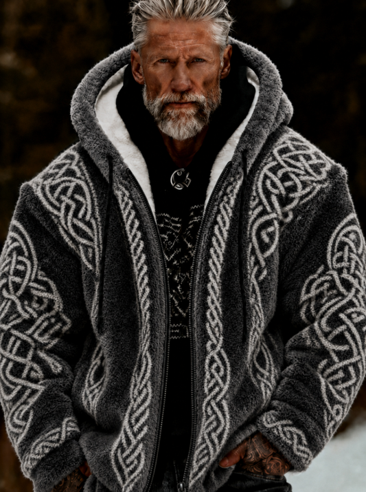 Herrlig viking- och keltiskt inspirerad plyschjacka med dragkedja och huva, mysig och varm