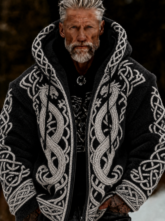 Herrlig viking- och keltiskt inspirerad plyschjacka med dragkedja och huva, mysig och varm