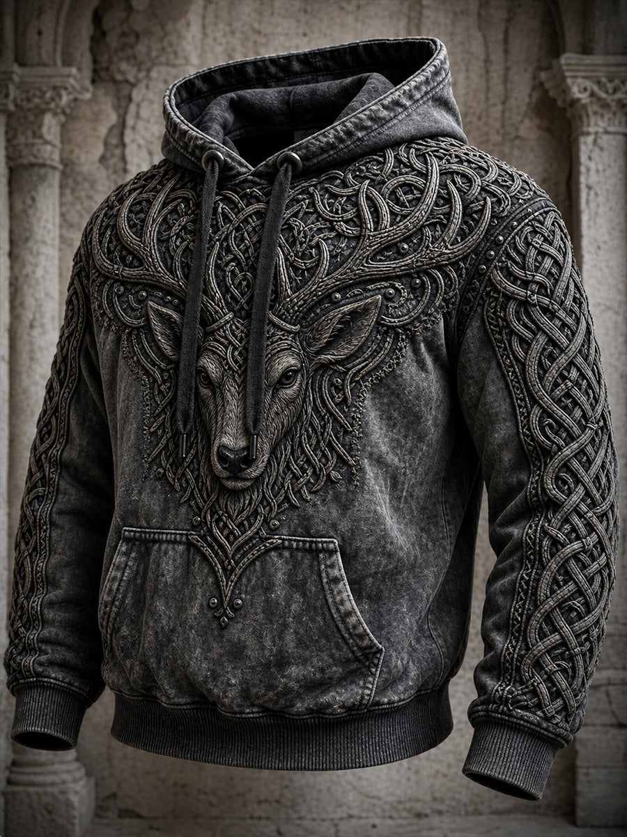 Retro nordiskt djurkonsttryck, avslappnad och bekväm hoodie