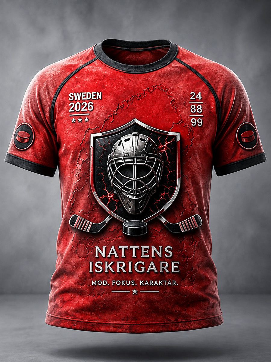 Röd fritids-T-shirt för män med tryck av det schweiziska ishockeylaget Malmö Redhawks