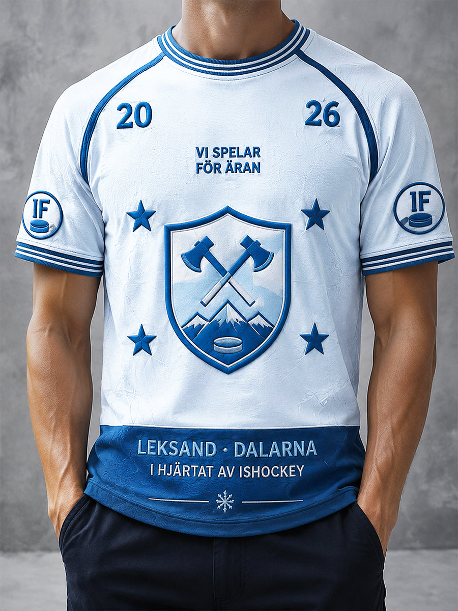 Mansblåt fritids-T-shirt med tryck av det schweiziska ishockeylaget Leksands IF
