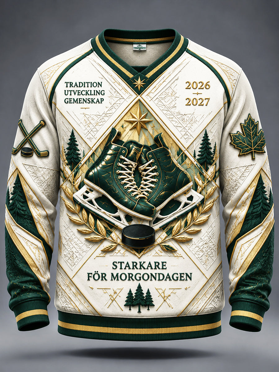 Vit, svensk ishockeytröja för herrar från IF Björklöven, mönstrad tryckt casual-tröja med V-ringning