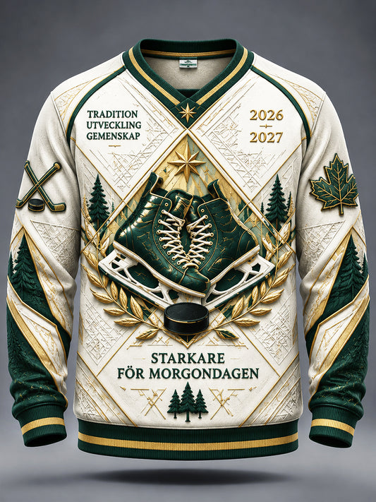 Vit, svensk ishockeytröja för herrar från IF Björklöven, mönstrad tryckt casual-tröja med V-ringning