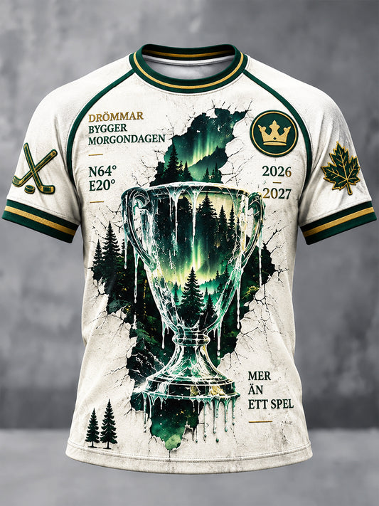 Vit, avslappnad t-shirt för herrar i svensk ishockeystil med IF Björklöven-mönster och print