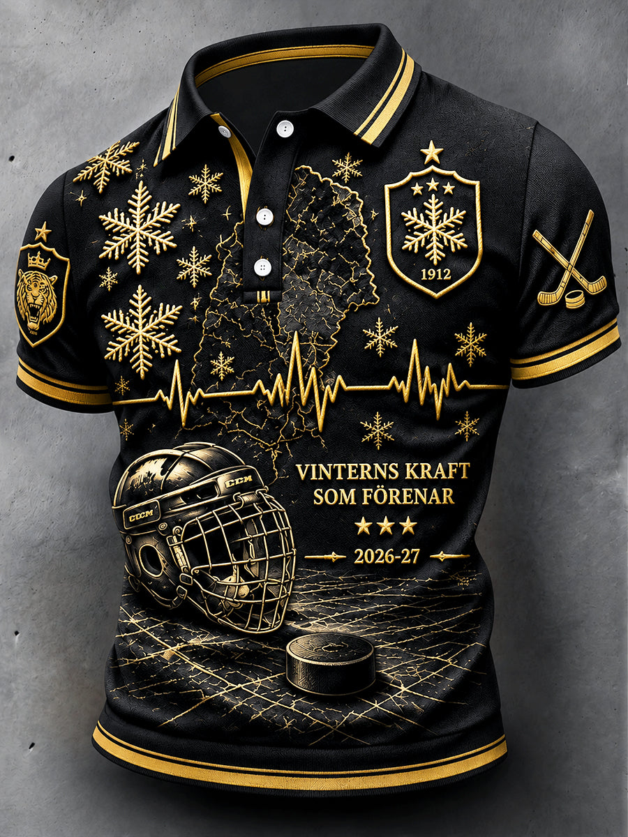 Mans svart Brynäs IF svensk ishockey lappverkstryck avslappnad pikétröja