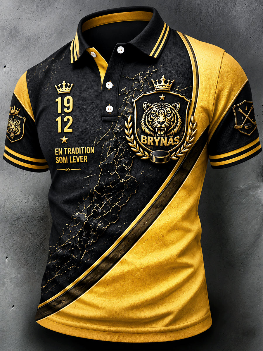 Herrpolotröja i svenskt ishockeytema från Brynäs IF, med patchworkmönster och avslappnad stil