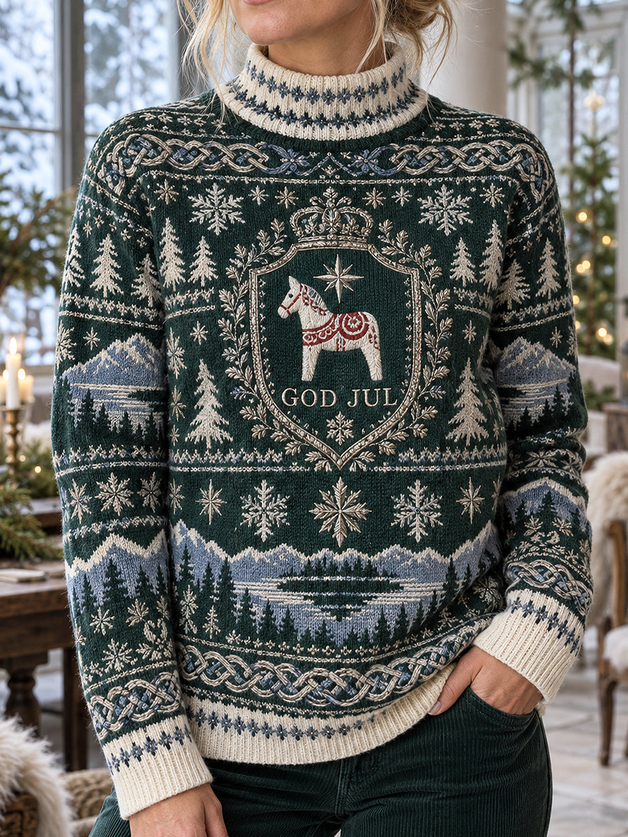 Damsweater med jultryck, hög hals och långa ärmar
