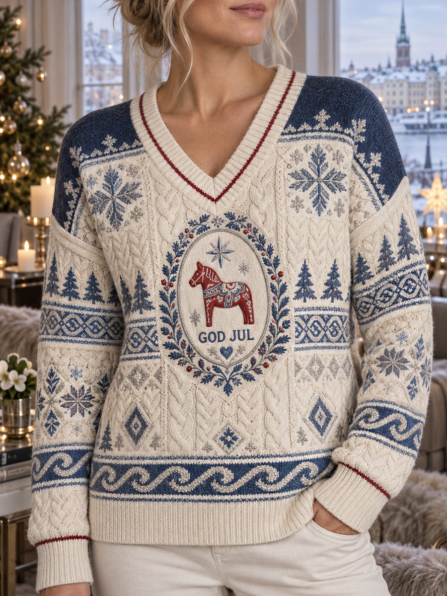Damsweater med julprint, V-ringning och långa ärmar