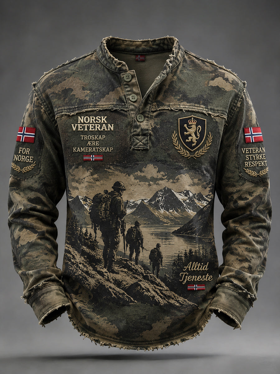 Herrtrøye med lange ermer, vintage-kamuflasje og militært inspirerte motiver