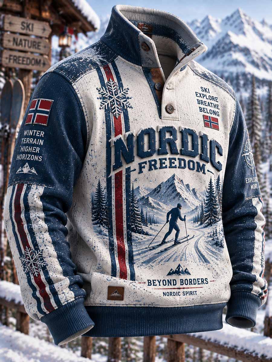 Vintage off-road skimønster trykt genser for menn