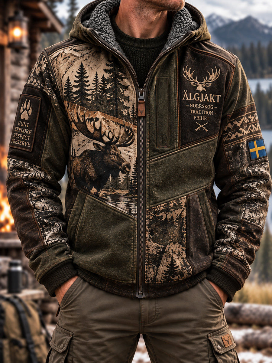 Mans Vintage Höst Jaktsäsong Älg Fleecefodrad Hoodie