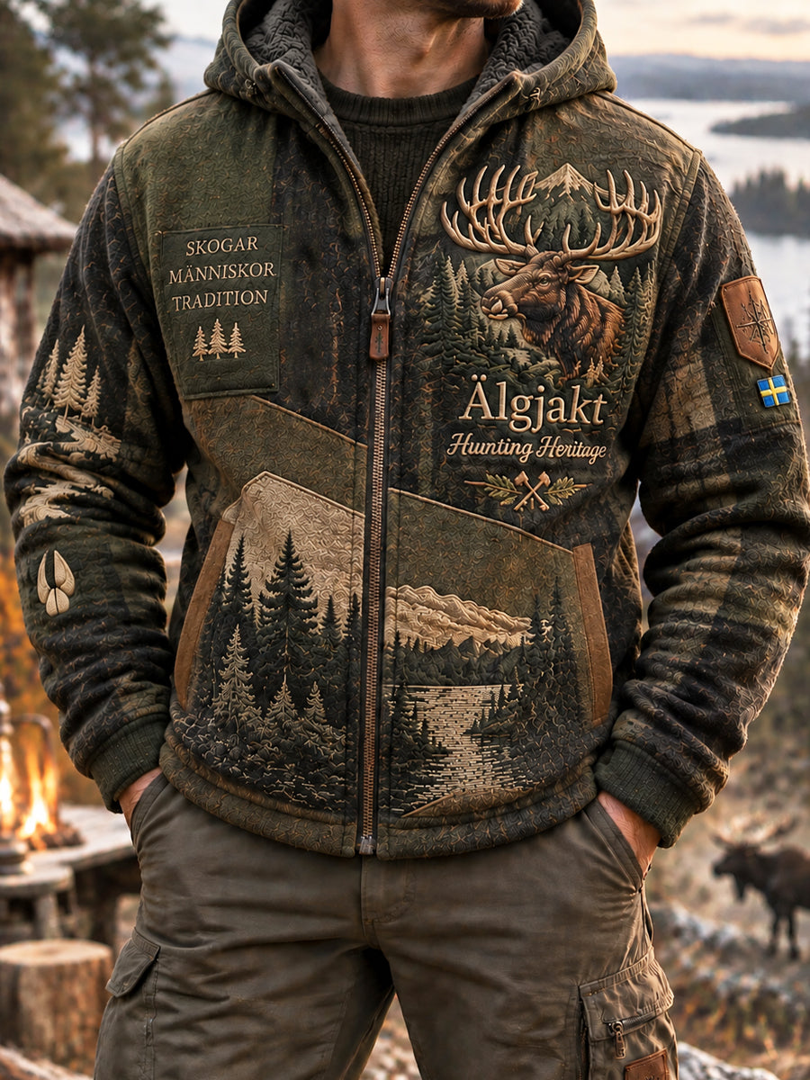 Herrjacka i vintagestil för höstsäsongen – älgmotiv, skogsmönster, fodrad med fleece