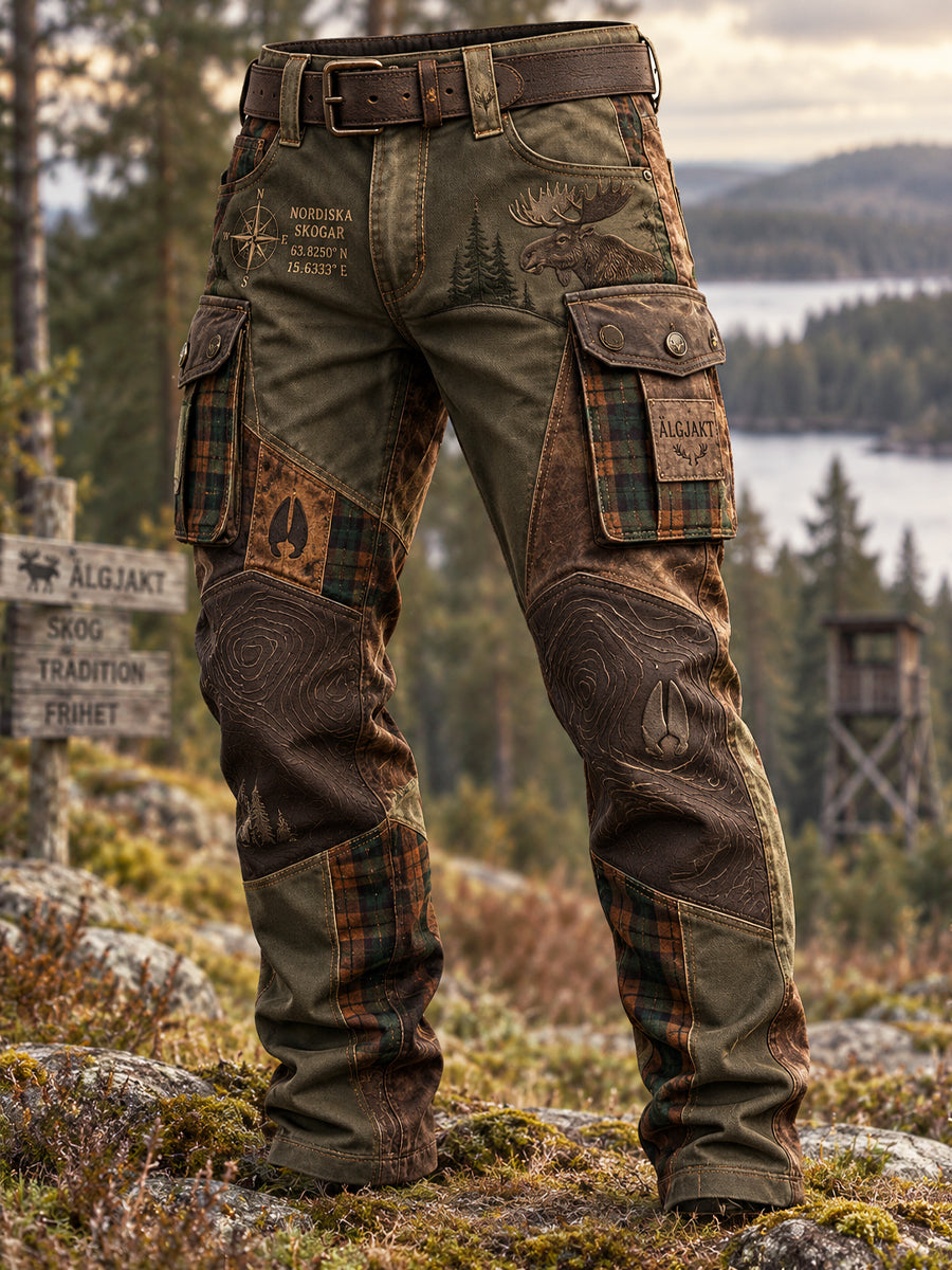 Mans Vintage Höst Jakt Säsong Älg-tryck Lappteknik Arbetsbyxor