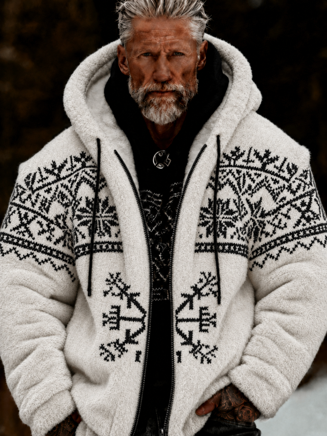 Herrlig viking- och keltiskt konstnärlig plyschjacka med dragkedja och huva, mysigt varm