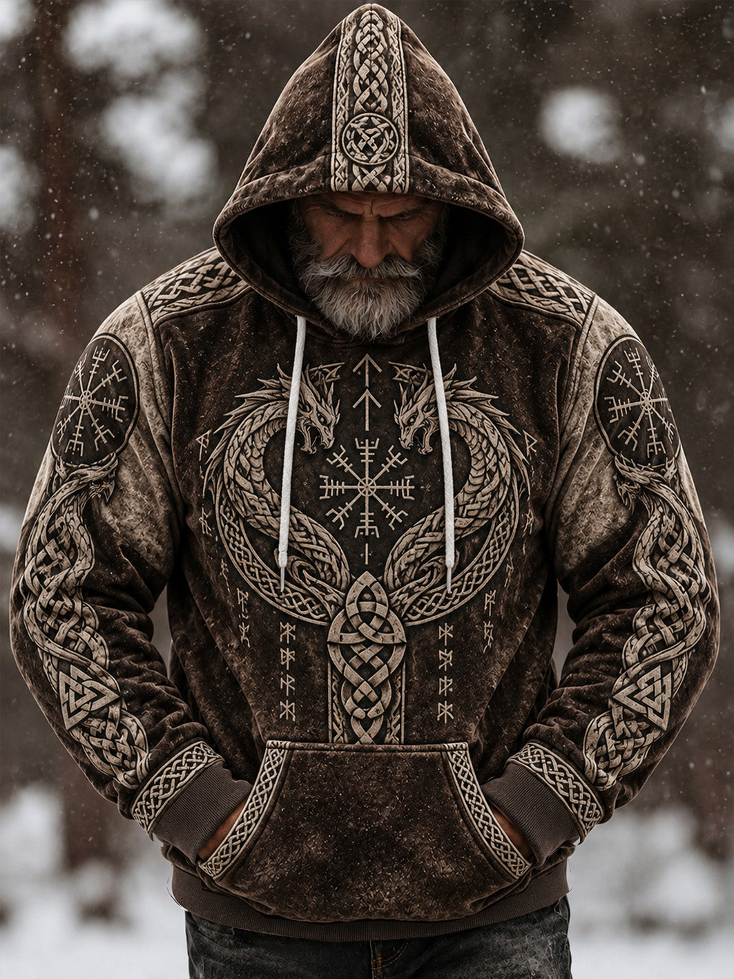 Manslig casual flanell-hoodie med retrovikingamönster
