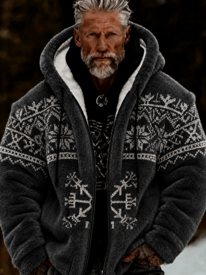 Herrlig viking- och keltiskt konstnärlig plyschjacka med dragkedja och huva, mysigt varm
