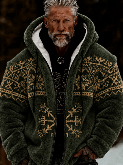 Herrlig viking- och keltiskt konstnärlig plyschjacka med dragkedja och huva, mysigt varm