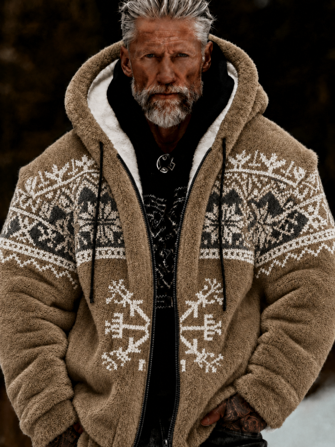 Herrlig viking- och keltiskt konstnärlig plyschjacka med dragkedja och huva, mysigt varm