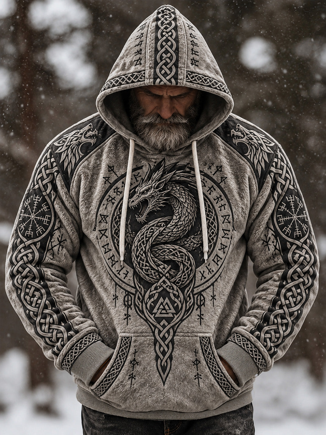 Manslig casual flanell-hoodie med retrovikingamönster