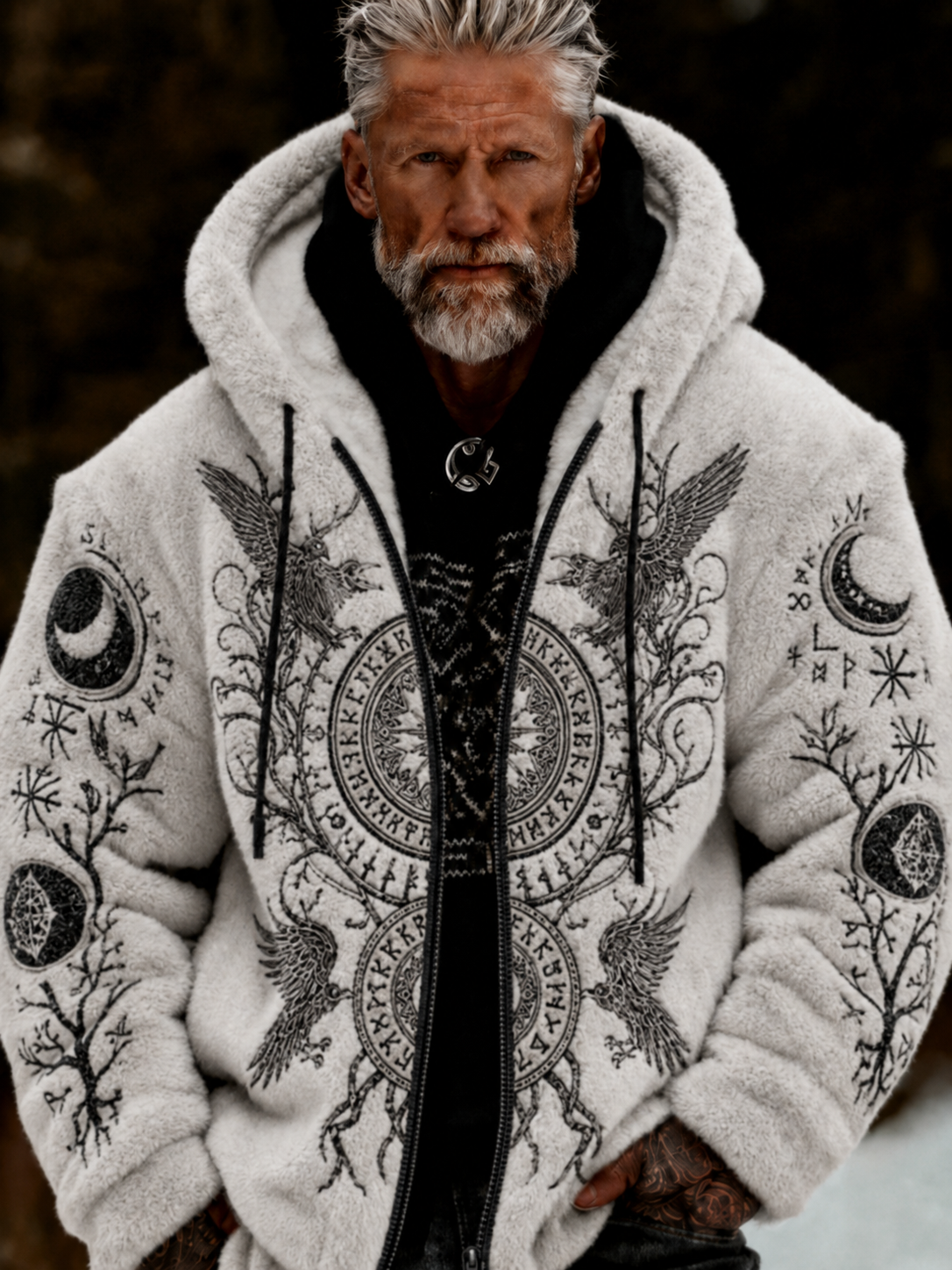 Herrlig viking- och keltiskt konstnärlig plyschjacka med dragkedja och huva, mysigt varm