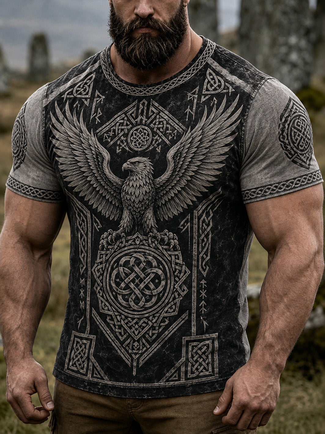 Kvartalsärmad t-shirt för män i retrovikingamönster, avslappnad stil