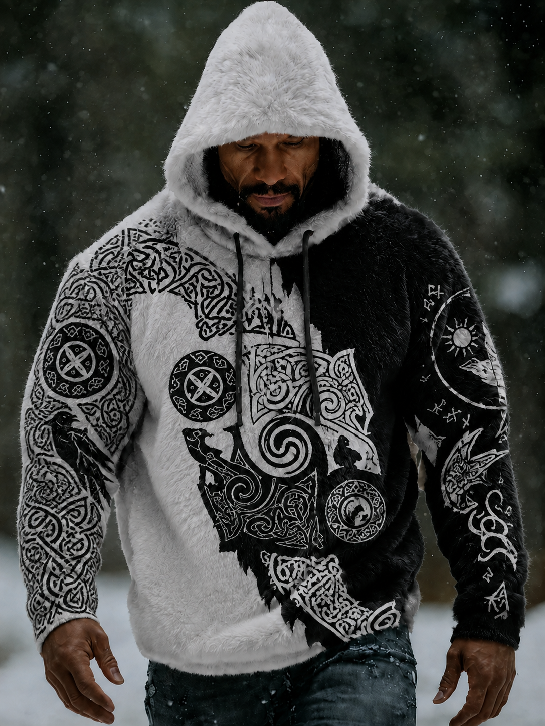 Herr Viking Vintage Varg Keltisk Flanellvarm Hoodie