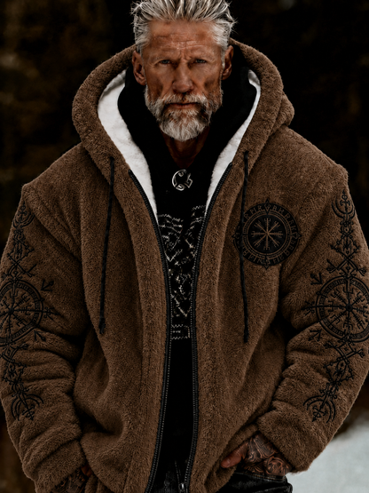 Herrlig viking- och keltiskt konstnärlig plyschjacka med dragkedja och huva, mysigt varm