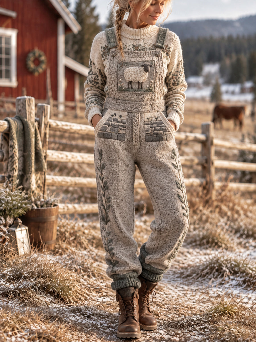Kvinnors land gård-stil djur-Print Får-Print Overalls