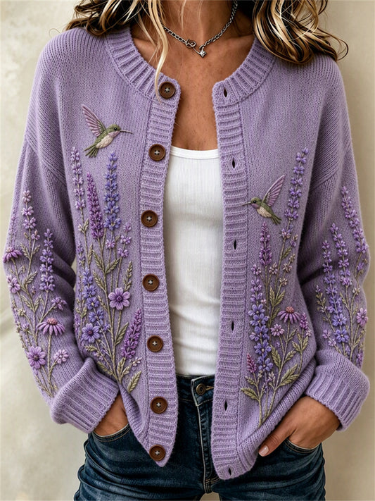Kvinnors stiliga Humming Fåglar Lavendel Lila Floral Print Cardigan-Style jacka