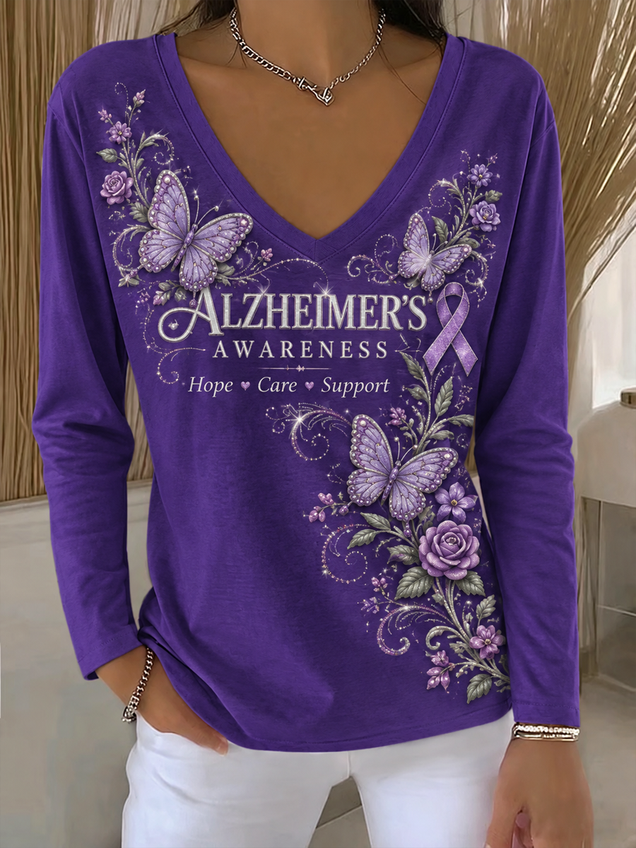 Lila konsttryck mot Alzheimers sjukdom för kvinnor, t-shirt med V-ringning