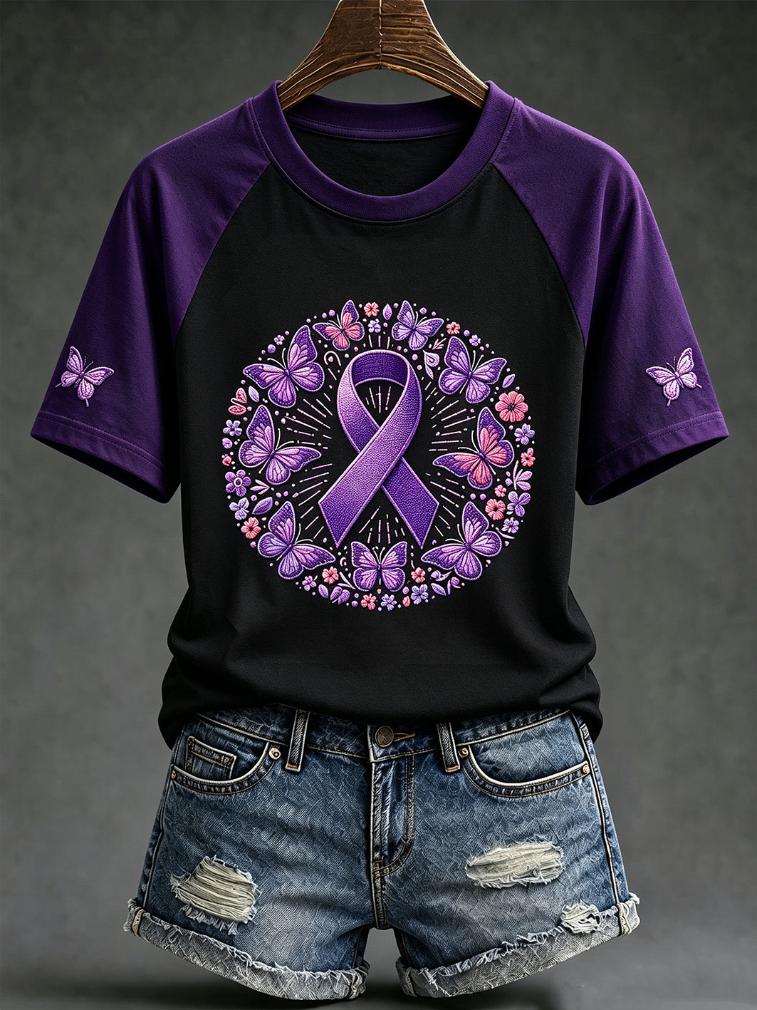 Damer lila cancermotivtryckt avslappnad kortärmad t-shirt