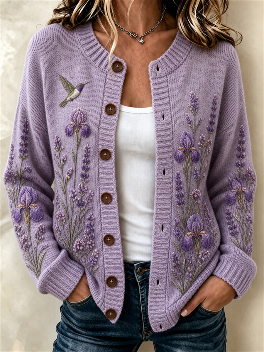 Kvinnors stiliga Humming Fågel Iriss Lavendel Lila Floral Print Cardigan-Still jacka